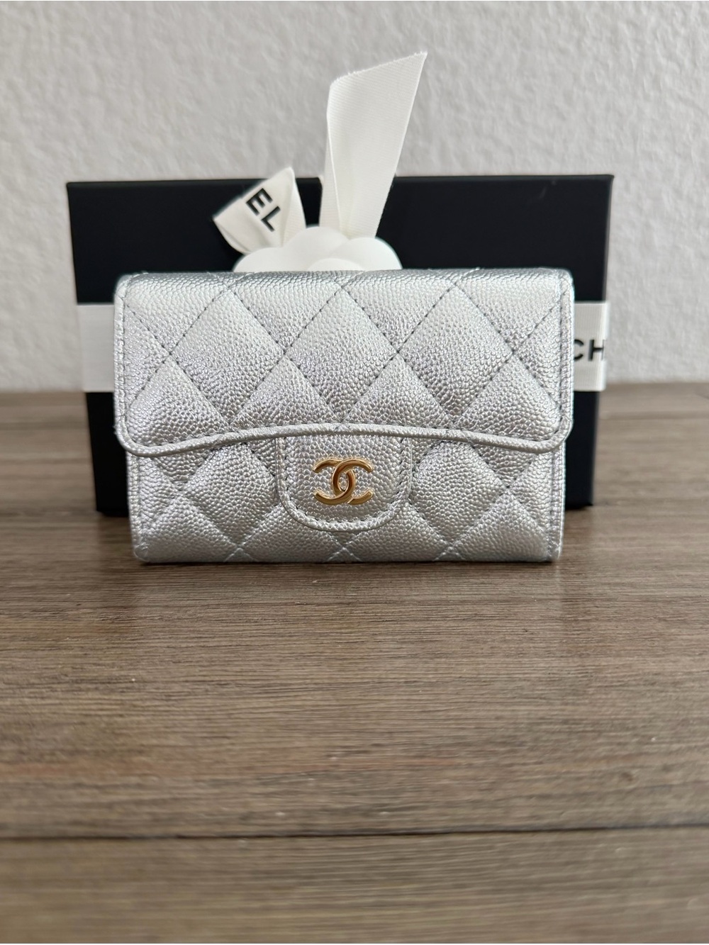 CHANEL Silver Quilted Mini Wallet with Gold CC Charm